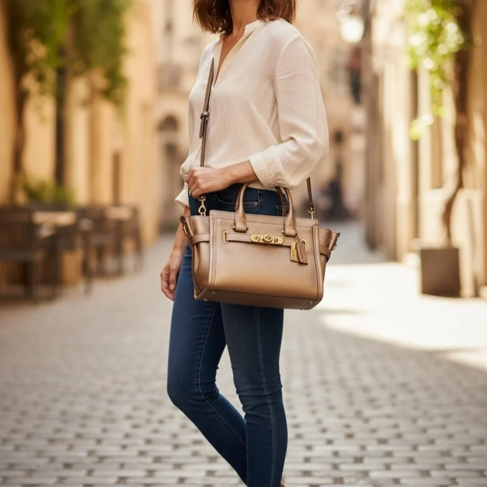Coach Metallic Gold Swagger Leather Satchel with Gold Hardware - Picture 4 of 17